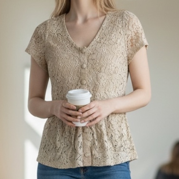 Tan Lace Button up Peplum Top - Picture 4 of 4
